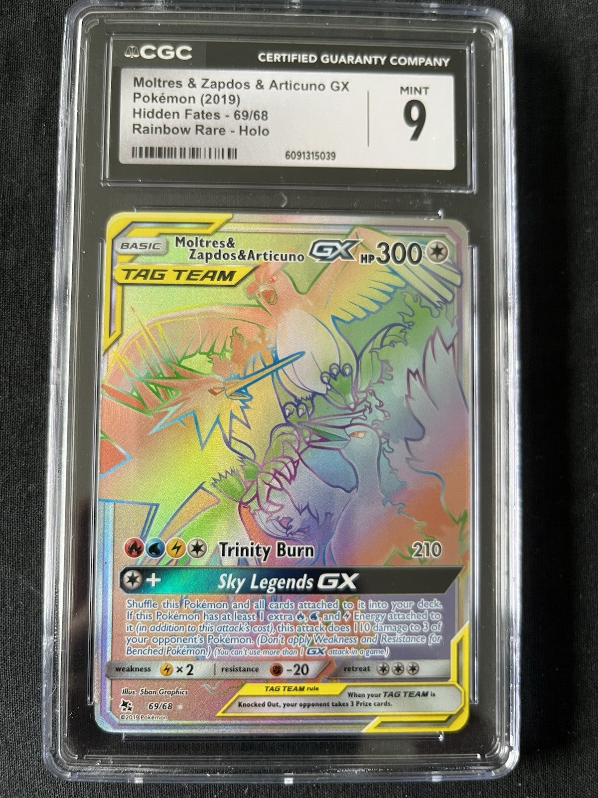 Pokemon Moltres & Zapdos & Articuno GX (Secret) 69/68 Hidden Fates Holo - CGC 9