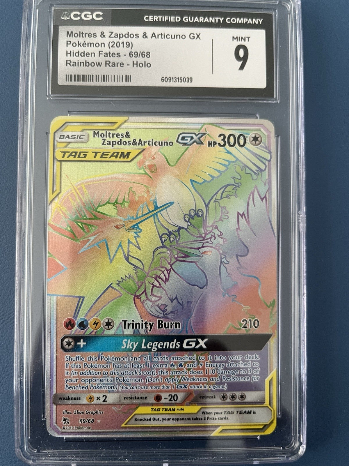 Pokemon Moltres & Zapdos & Articuno GX (Secret) 69/68 Hidden Fates Holo - CGC 9